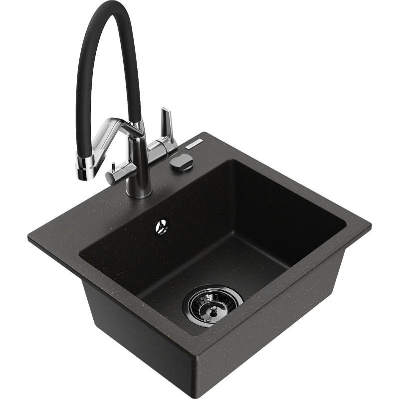 Mexen Milo granitový drez 1-komorový s kuchynskou batériou Duo, čierny/zlatý metalický - 6505-75-671701-07-B