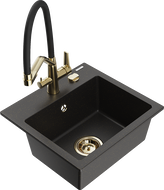 Mexen Milo granitový kuchynský drez 1-komorový s kuchynskou batériou Duo, čierny/zlatý metalík - 6505-75-671701-57-G
