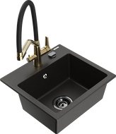 Mexen Milo granitový kuchynský drez 1-komorový s kuchynskou batériou Duo, čierny/zlatý metalik - 6505-75-671701-57-B