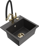 Mexen Milo žulový drez 1-komorový s kuchynskou batériou Duo, čierny nakvapkaný - 6505-76-671701-57-G