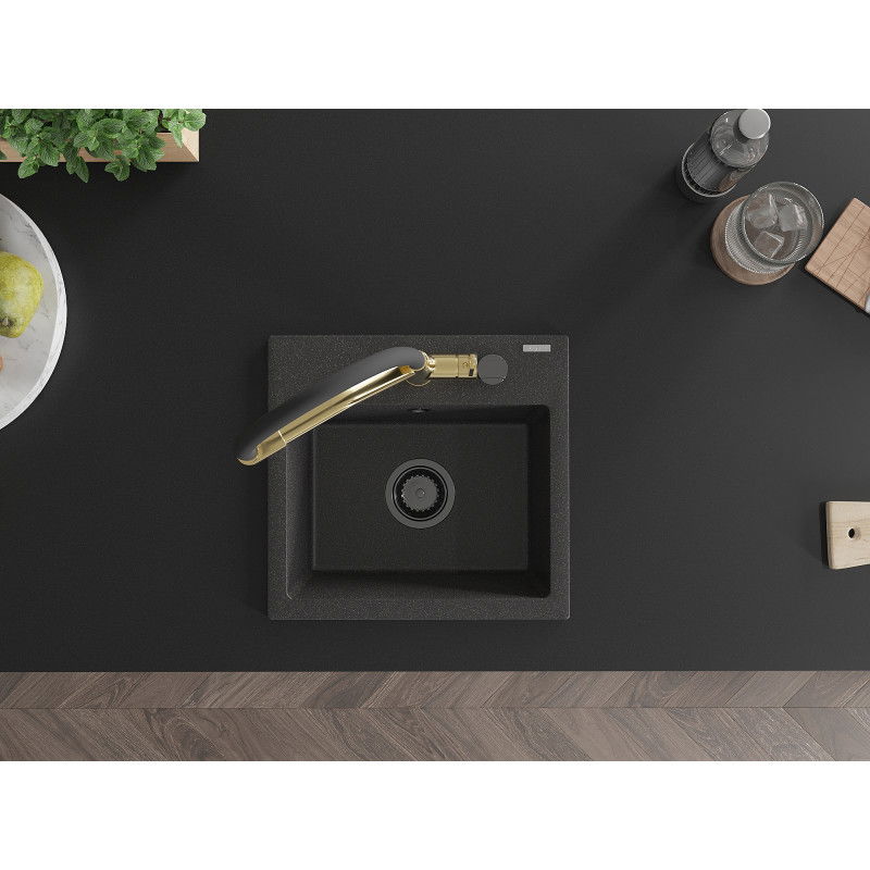 Mexen Milo žulový drez s 1 komorou a kuchynskou batériou Duo, čierny s bodkami - 6505-76-671701-57-B