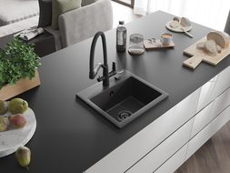Mexen Milo granitový kuchynský drez 1-komorový s kuchynskou batériou Duo, čierny špinený - 6505-76-671701-70-B