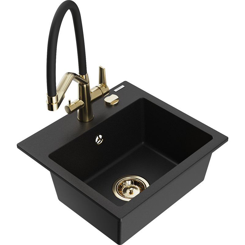 Mexen Milo granitový drez 1-komorový s kuchynskou batériou Duo, čierny - 6505-77-671701-57-G