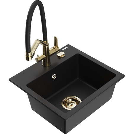 Mexen Milo granitový drez 1-komorový s kuchynskou batériou Duo, čierny - 6505-77-671701-57-G