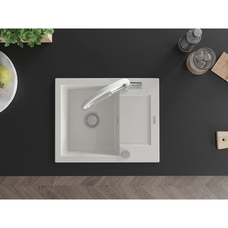 Mexen Enzo granitový drez 1-komorový s odkvapkávacou plochou a kuchynskou batériou Duo, biely - 6506-20-671701-02