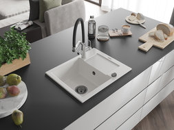 Mexen Enzo granitový drez s 1 komorou a odkvapkávačom a kuchynskou batériou Duo, biela - 6506-20-671701-07-B
