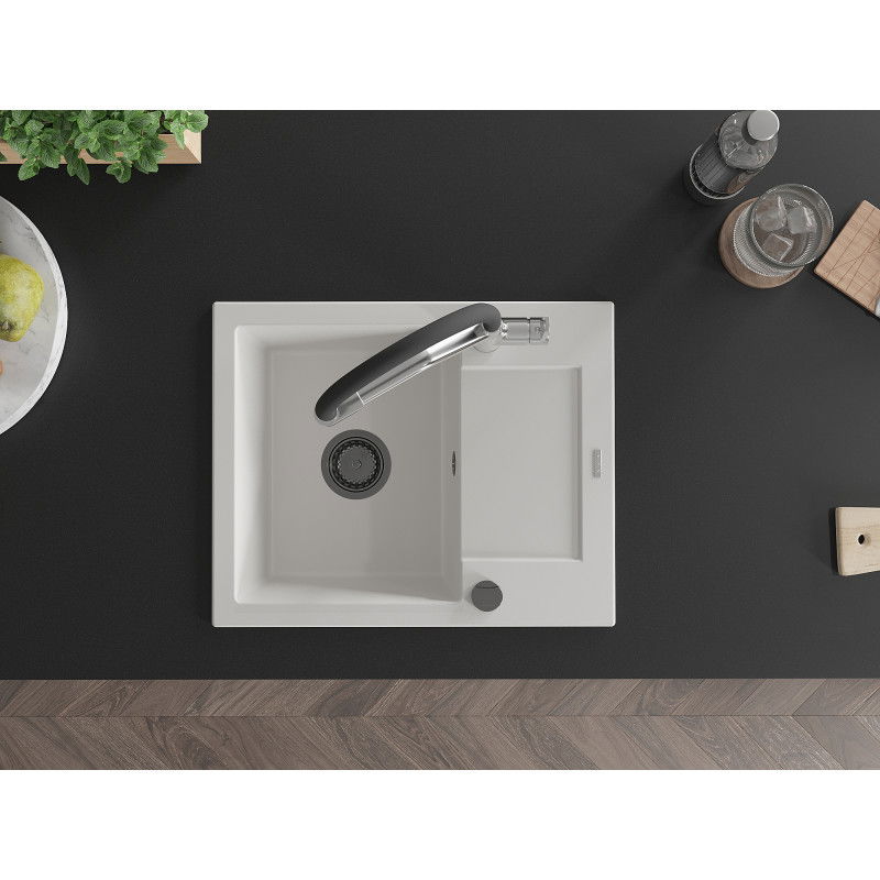 Mexen Enzo granitový drez s 1 komorou a odkvapkávačom a kuchynskou batériou Duo, biela - 6506-20-671701-07-B