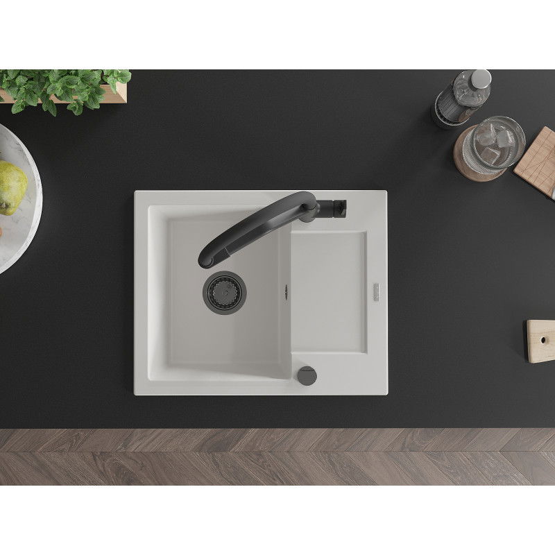 Mexen Enzo granitový kuchynský drez s 1 komorou a odkvapkávacou plochou a kuchynskou batériou Duo, biela - 6506-20-671701-70-B