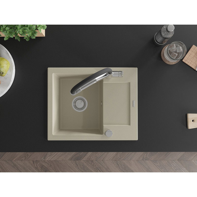Mexen Enzo granitový drez s 1 komorou, odkvapkávačom a kuchynskou batériou Duo, béžový - 6506-69-671701-07
