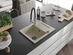 Mexen Enzo granitový drez 1-komorový s odkvapkávačom a kuchynskou batériou Duo, béžový - 6506-69-671701-07-B