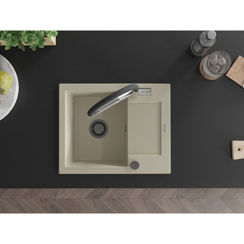 Mexen Enzo granitový drez 1-komorový s odkvapkávačom a kuchynskou batériou Duo, béžový - 6506-69-671701-07-B