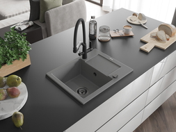 Mexen Enzo granitový kuchynský drez 1-komorový s odkvapkávačom a kuchynskou batériou Duo, sivý - 6506-71-671701-70-B