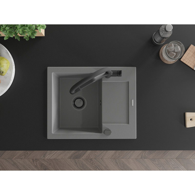 Mexen Enzo granitový kuchynský drez 1-komorový s odkvapkávačom a kuchynskou batériou Duo, sivý - 6506-71-671701-70-B