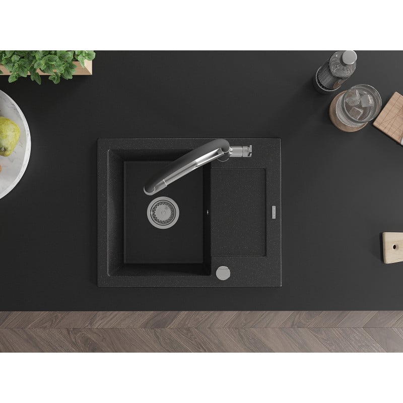 Mexen Enzo granitový drez 1-komorový s odkvapkávačom a kuchynskou batériou Duo, čierny/strieborný metalik