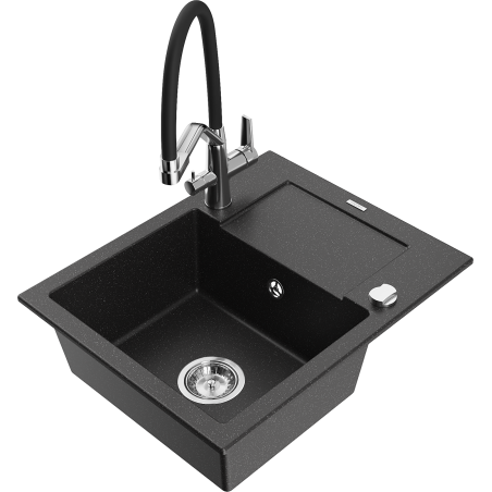 Mexen Enzo granitový drez 1-komorový s odkvapkávačom a kuchynskou batériou Duo, čierny/strieborný metalik