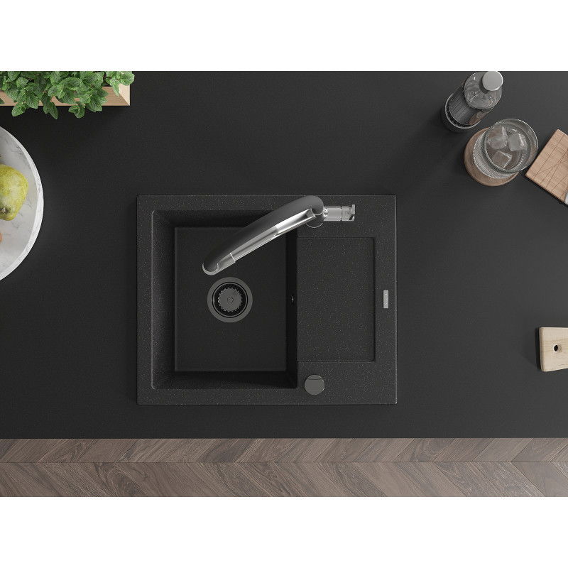 Mexen Enzo jednokomorový žulový drez s odkvapkávačom a kuchynskou batériou Duo, čierny/strieborný metalik - 6506-73-671701-07-B