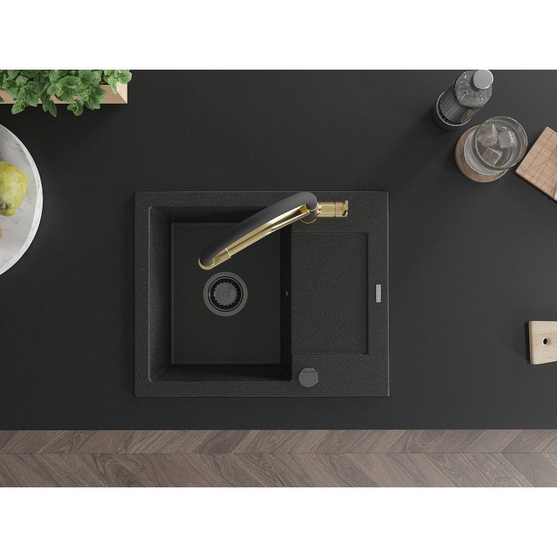 Mexen Enzo granitový drez 1-komorový s odkvapkávačom a kuchynskou batériou Duo, čierny/strieborný metalik - 6506-73-671701-57-B