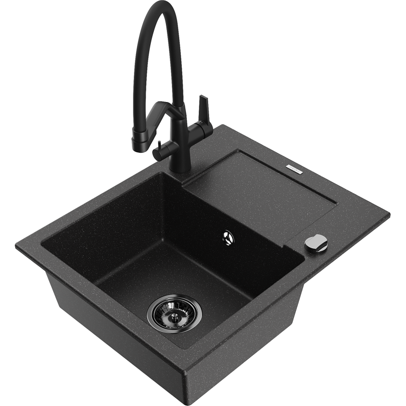 Mexen Enzo granitový drez s jednou komorou s odkvapkávačom a kuchynskou batériou Duo, čierny/strieborný metalik