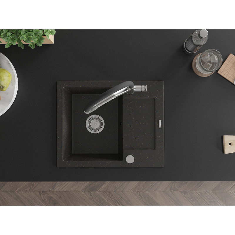 Mexen Enzo granitový drez s jednou komorou s odkvapkávačom a kuchynskou batériou Duo, čierny/zlatý metalík
