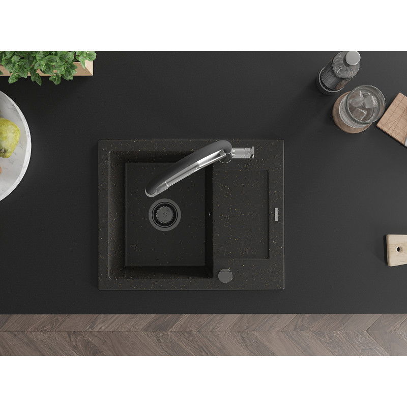 Mexen Enzo granitový drez s 1 komorou s odkvapkávačom a kuchynskou batériou Duo, čierna/zlatá metalíza
