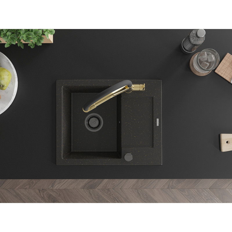 Mexen Enzo granitový drez 1-komorový s odkvapkávačom a kuchynskou batériou Duo, čierny/zlatý metalik - 6506-75-671701-57-B