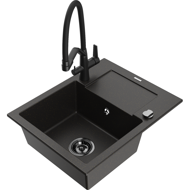 Mexen Enzo žulový drez s jednou komorou s odkvapkávačom a kuchynskou batériou Duo, čierny/zlatý metalik