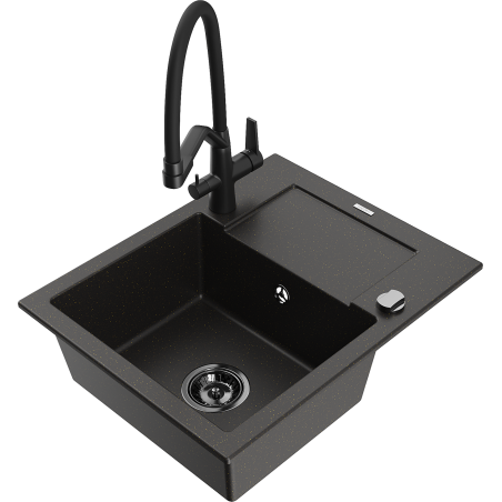 Mexen Enzo žulový drez s jednou komorou s odkvapkávačom a kuchynskou batériou Duo, čierny/zlatý metalik