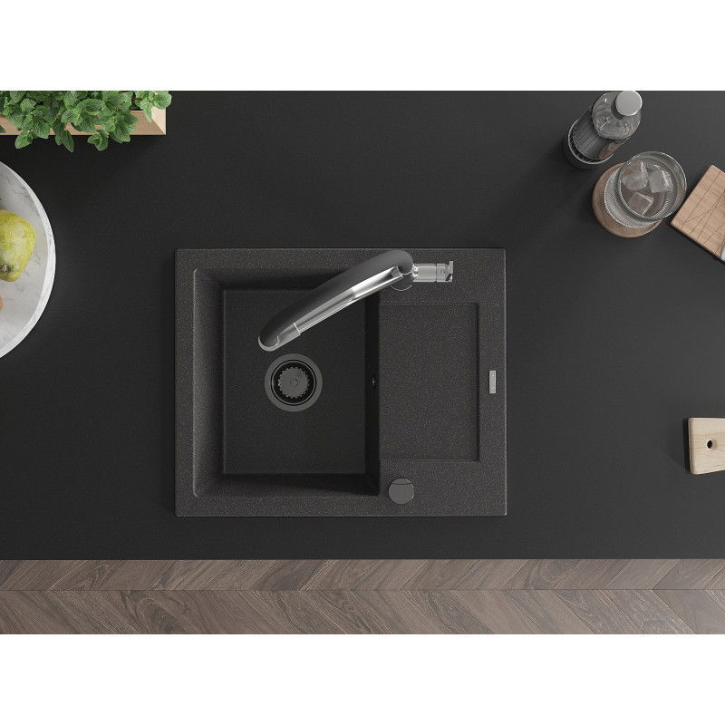 Mexen Enzo žulový drezt 1-komorový s odkvapkávačom a kuchynskou batériou Duo, čierny bodkovaný - 6506-76-671701-07-B