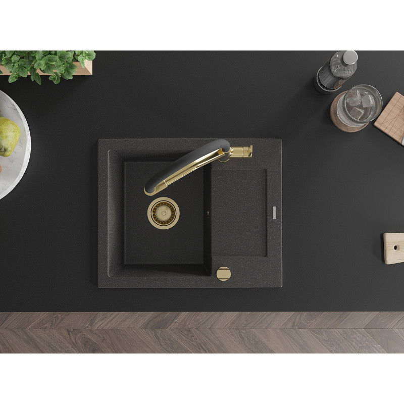 Mexen Enzo granitový drez 1-komorový s odkvapkávačom a kuchynskou batériou Duo, čierny fŕkaný - 6506-76-671701-57-G