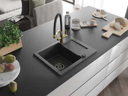 Mexen Enzo granitový drez 1-komorový s odkvapkávačom a kuchynskou batériou Duo, čierny fľakatý - 6506-76-671701-57-B