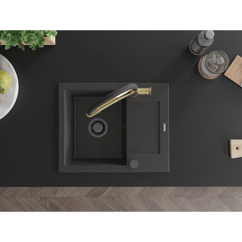 Mexen Enzo granitový drezy 1-komorový s odkvapkávačom a kuchynskou batériou Duo, čierny bodkovaný - 6506-76-671701-57-B