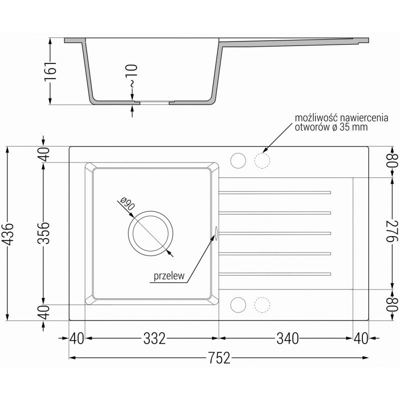 Mexen Pablo žulový kuchynský drez s odkvapkávačom 752 x 436 mm, čierny, sifón chróm - 6510751010-77