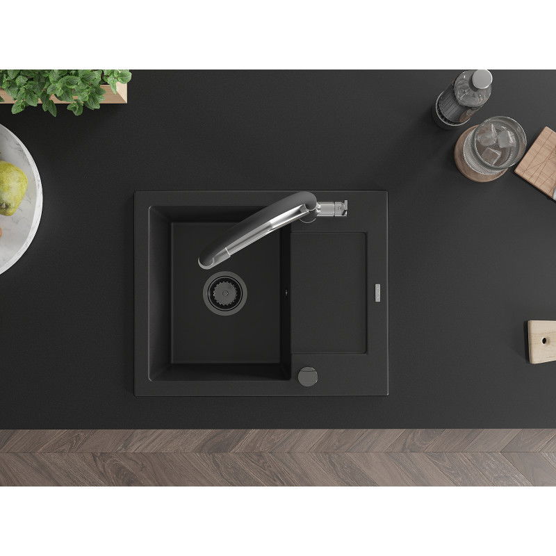 Mexen Enzo granitový drez 1-komorový s odkvapkávačom a kuchynskou batériou Duo, čierny - 6506-77-671701-07-B