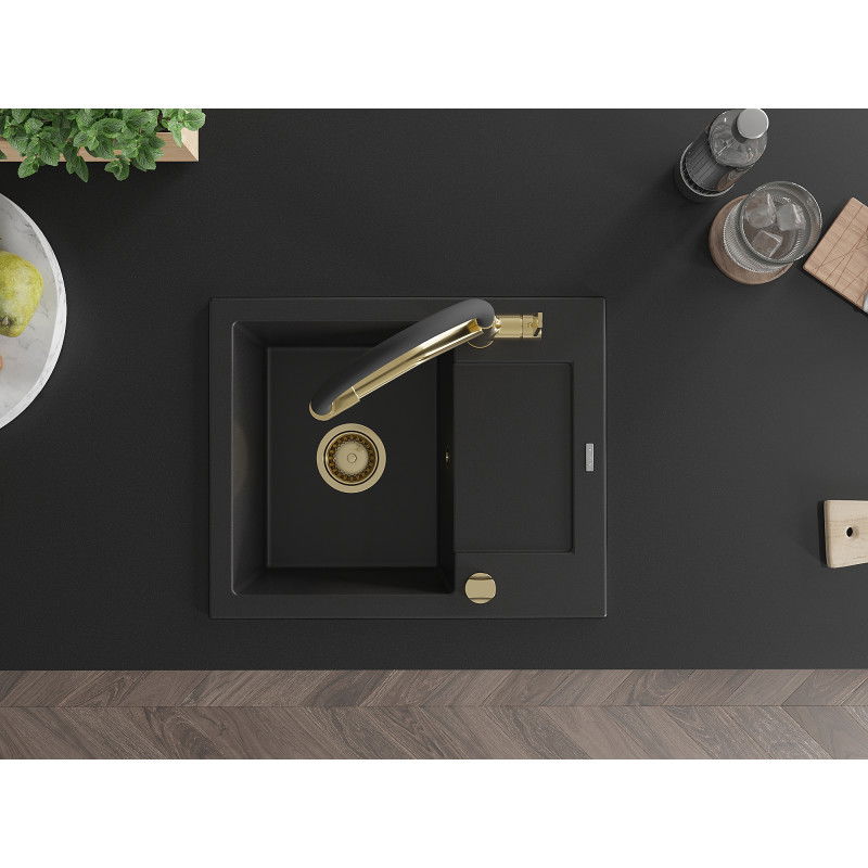 Mexen Enzo granitový drez 1-komorový s odkvapkávačom a kuchynskou batériou Duo, čierny - 6506-77-671701-57-G
