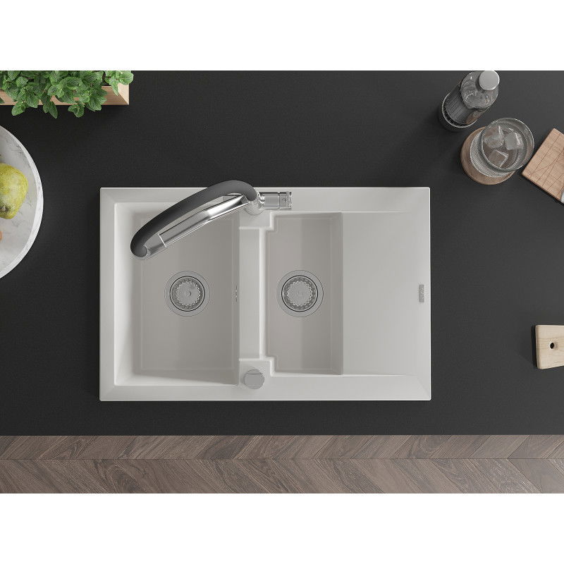 Mexen Gaspar granitový drez 1,5-komorový s odkvapkávačom a kuchynskou batériou Duo, biely - 6507-20-671701-07