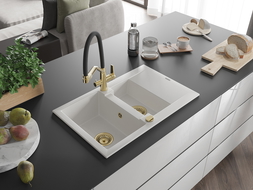 Mexen Gaspar granitový drez s 1,5 komorou, odkvapkávacou plochou a kuchynskou batériou Duo, biely - 6507-20-671701-57-G