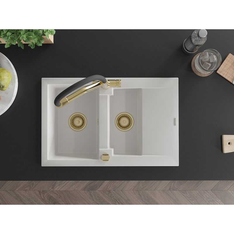 Mexen Gaspar granitový drez s 1,5 komorou, odkvapkávacou plochou a kuchynskou batériou Duo, biely - 6507-20-671701-57-G