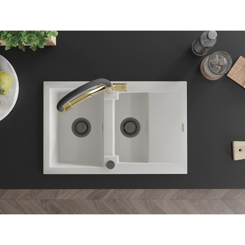 Mexen Gaspar žulový kuchynský drez 1,5-komorový s odkvapkávačom a kuchynskou batériou Duo, biely - 6507-20-671701-57-B