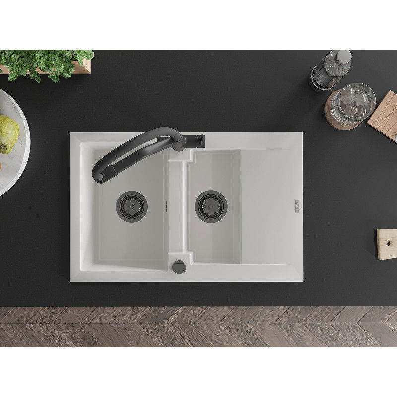 Mexen Gaspar granitový kuchynský drez 1,5-komorový s odkvapkávačom a kuchynskou batériou Duo, biela - 6507-20-671701-70-B