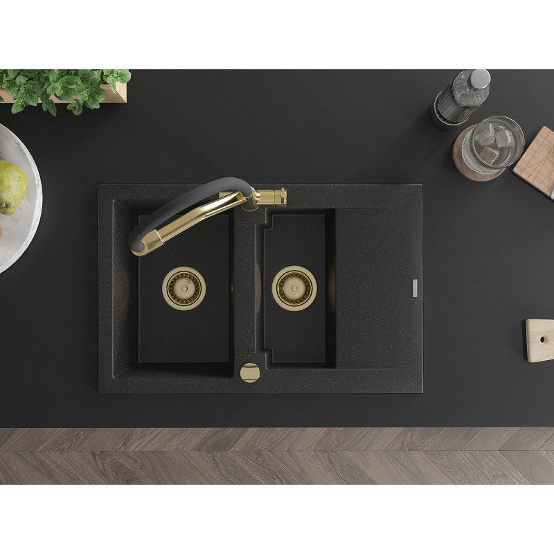 Mexen Gaspar žulový drez 1,5-komorový s odkvapkávačom a kuchynskou batériou Duo, čierny/strieborný - 6507-73-671701-57-G