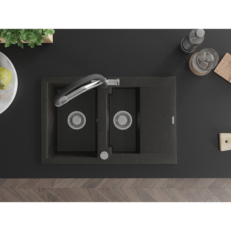 Mexen Gaspar žulový drez s 1,5 komorou s odkvapkávačom a kuchynskou batériou Duo, čierny/zlatý metalik
