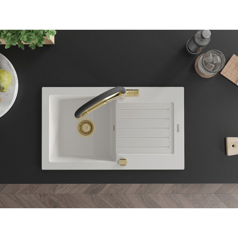 Mexen Pablo žulový drez s odkvapkávacou doskou a kuchynskou batériou Duo, biely - 6510-20-671701-57-G