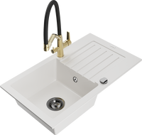 Mexen Pablo granitový jednokomorový drez s odkvapkávačom a kuchynskou batériou Duo, biely - 6510-20-671701-57-B