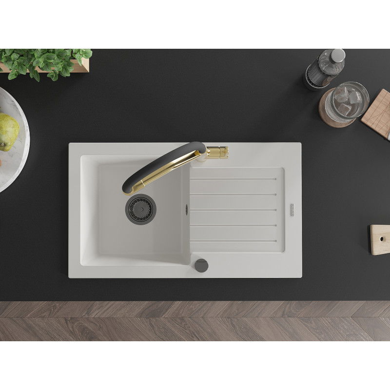 Mexen Pablo granitový jednokomorový drez s odkvapkávačom a kuchynskou batériou Duo, biely - 6510-20-671701-57-B