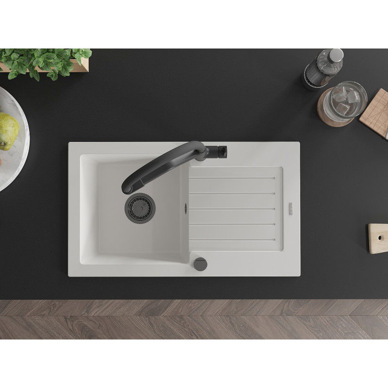 Mexen Pablo granitový drez 1-komorový s odkvapom a kuchynskou batériou Duo, biely - 6510-20-671701-70-B