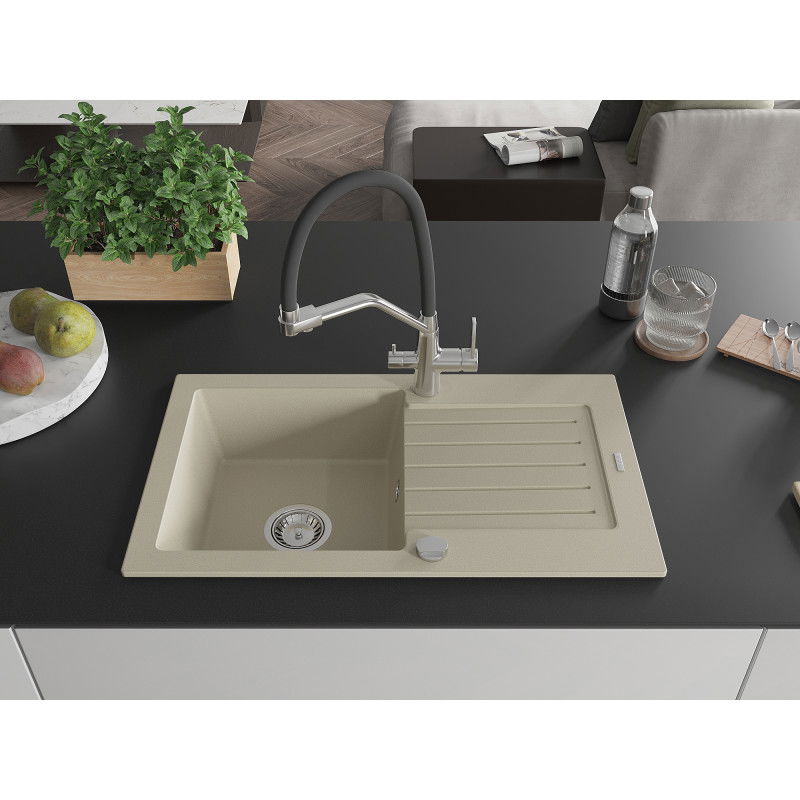 Mexen Pablo jednokomorový žulový drez s odkvapkávačom a kuchynskou batériou Duo, béžový - 6510-69-671701-07