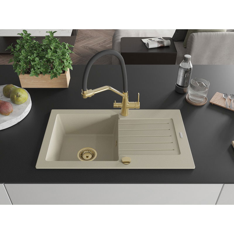 Mexen Pablo granitový drez 1-komorový s odkvapkávačom a kuchynskou batériou Duo, béžový - 6510-69-671701-57-G