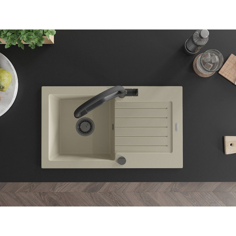 Mexen Pablo granitový drez 1-komorový s odkvapkávačom a kuchynskou batériou Duo, béžový - 6510-69-671701-70-B