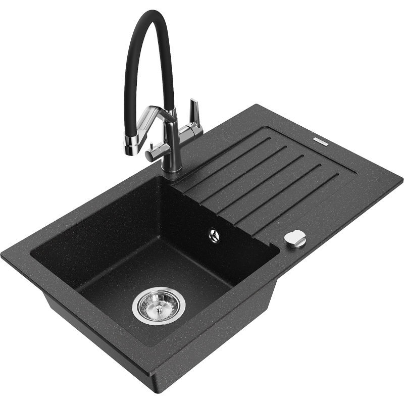 Mexen Pablo granitový drez s 1 komorou, odkvapkávačom a kuchynskou batériou Duo, čierny/strieborný metalický
