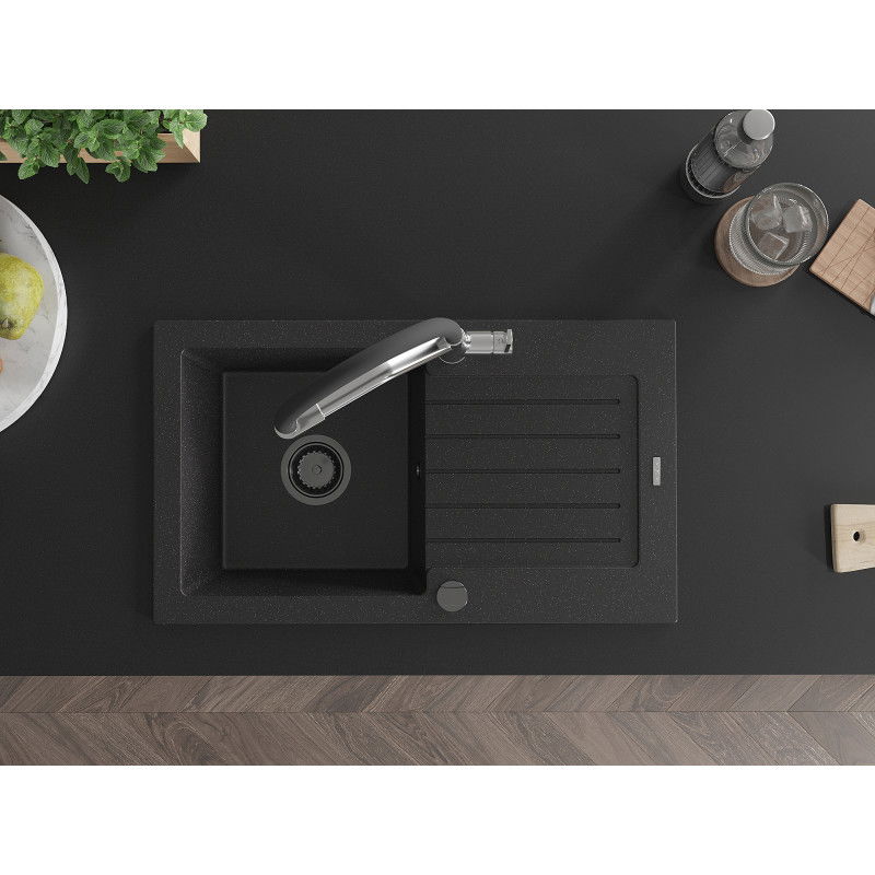 Mexen Pablo žulový drez s jednou komorou a odkvapkávačom a kuchynskou batériou Duo, čierny/strieborný metalický
